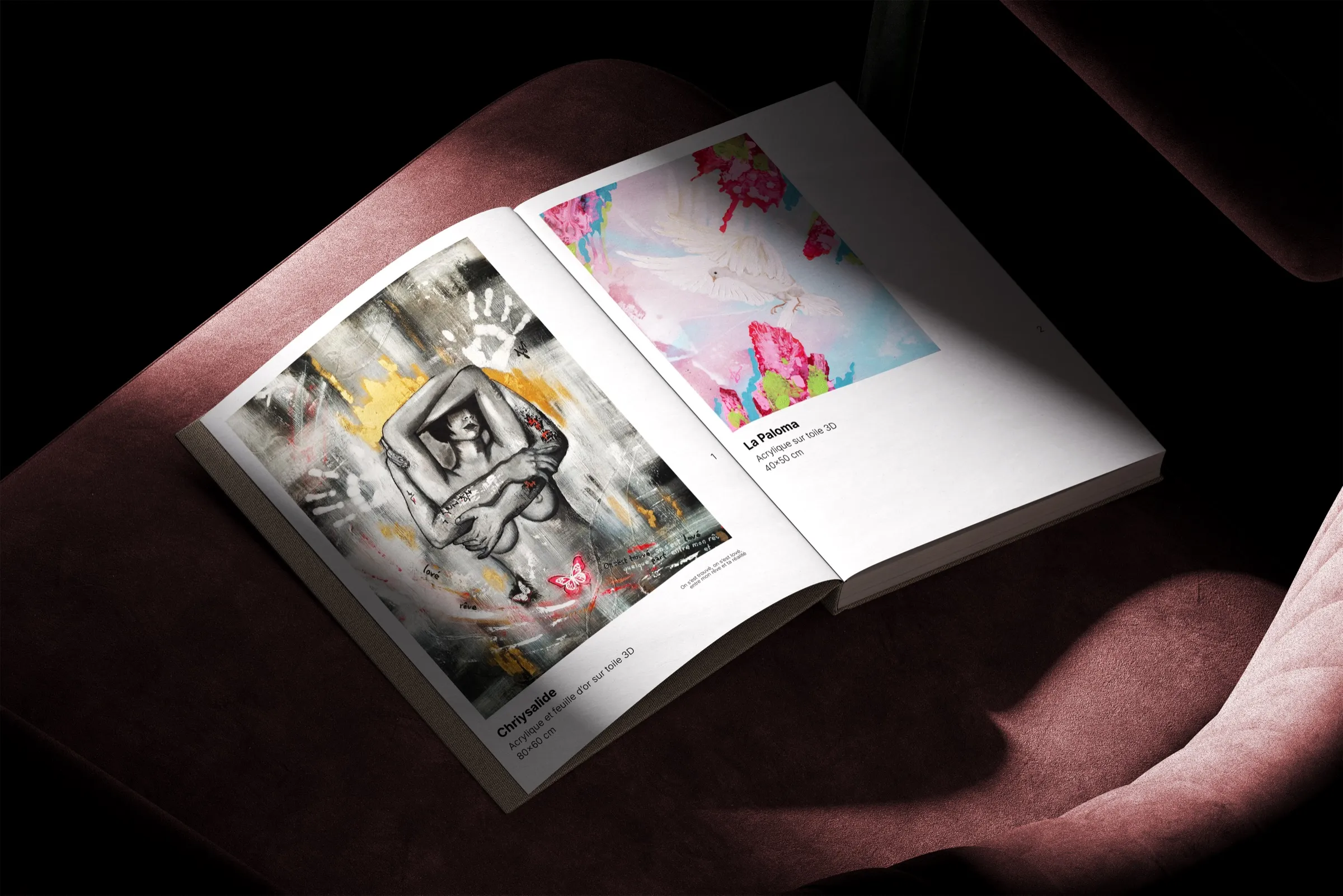 Le portfolio ouvert sur deux toiles, posé sur un fauteuil dans la pénombre