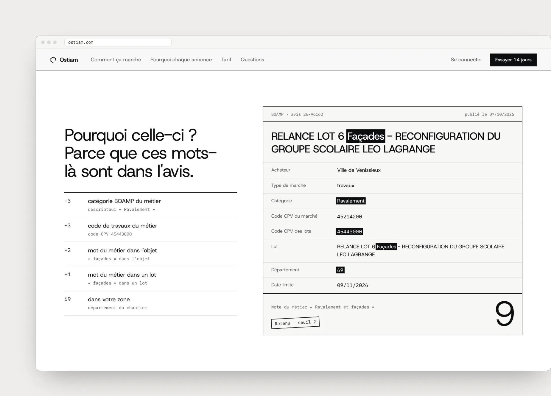 Section du site qui décortique un avis réel du BOAMP : chaque mot du métier surligné et les points qu'il rapporte, jusqu'à la note 9