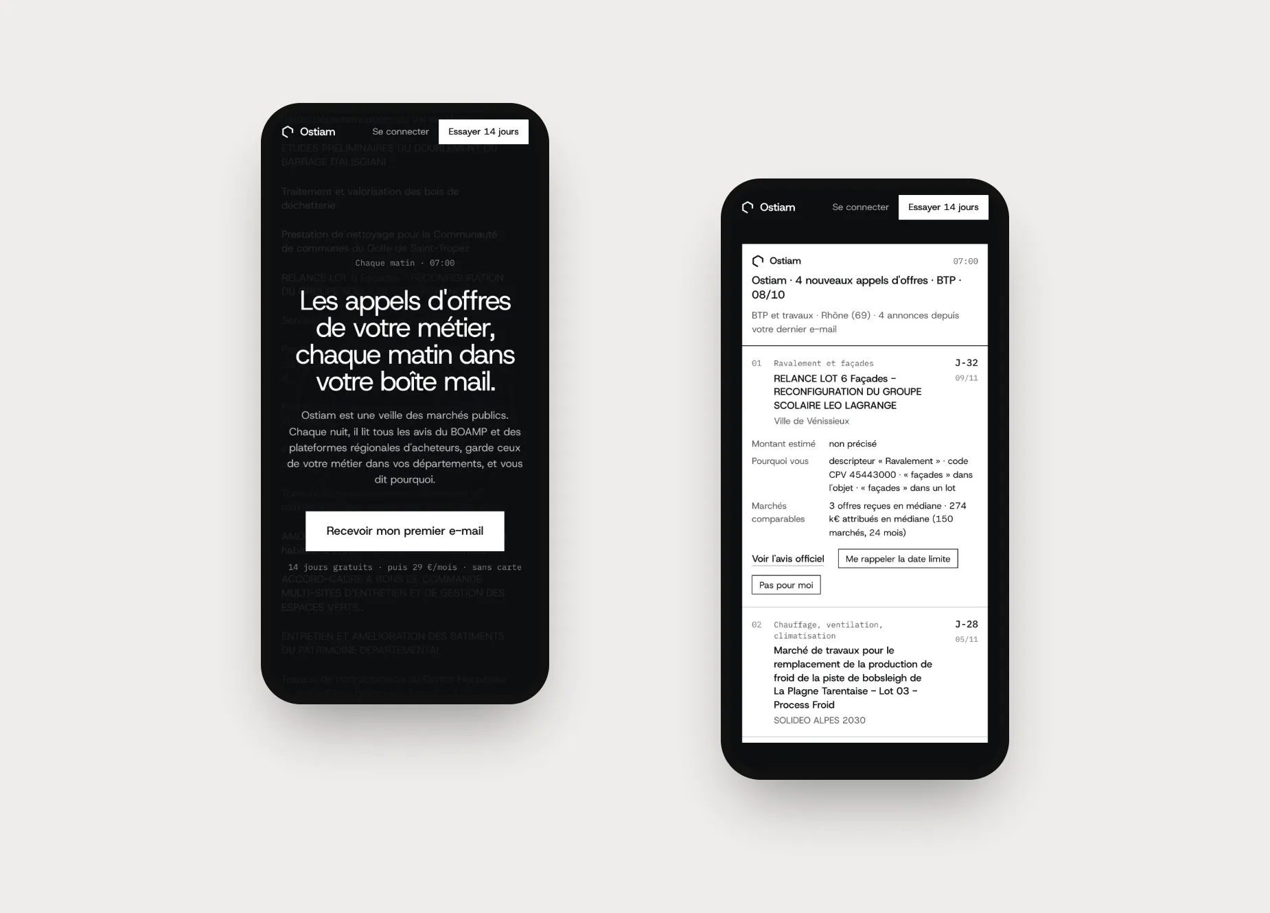 Deux téléphones : l'accueil d'ostiam.com, et l'e-mail du matin avec une annonce de ravalement à Vénissieux, la raison pour laquelle elle est proposée et les marchés comparables