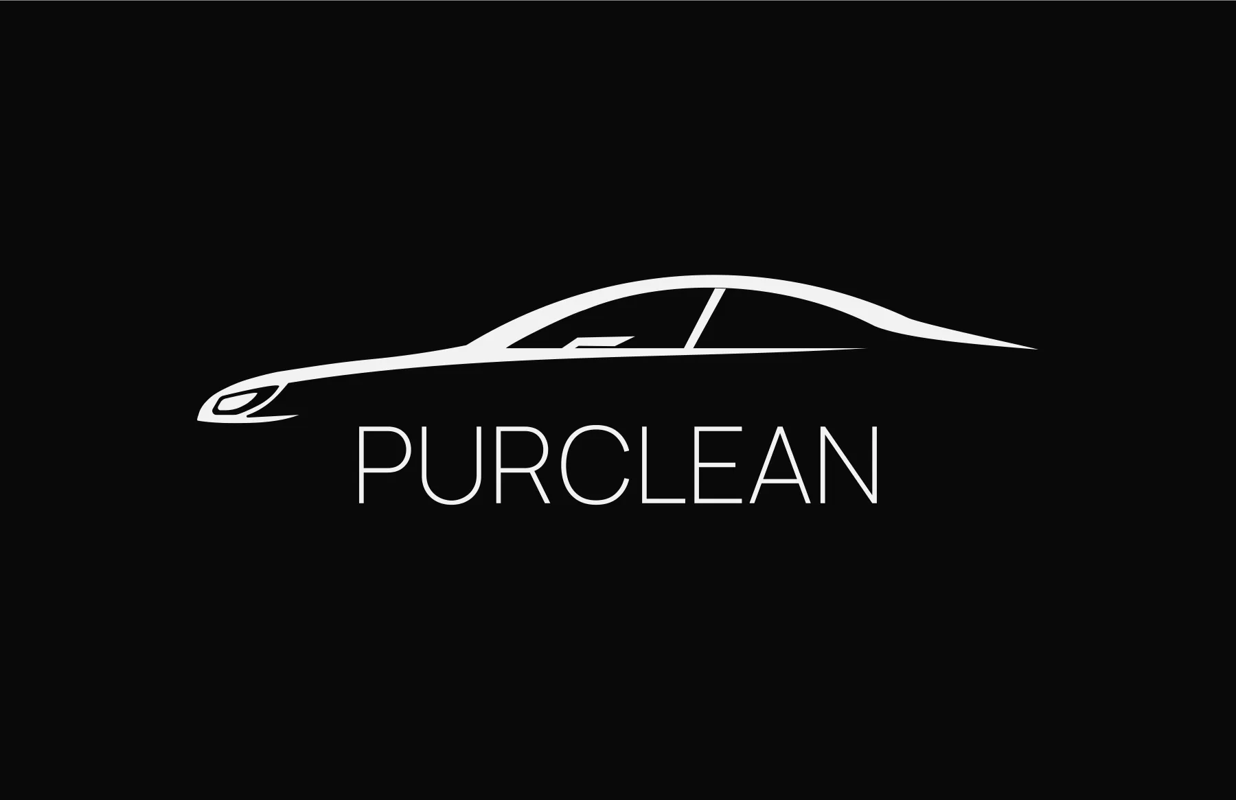 Recto de la carte de visite Purclean : la voiture d'un seul trait et le nom, en blanc sur noir