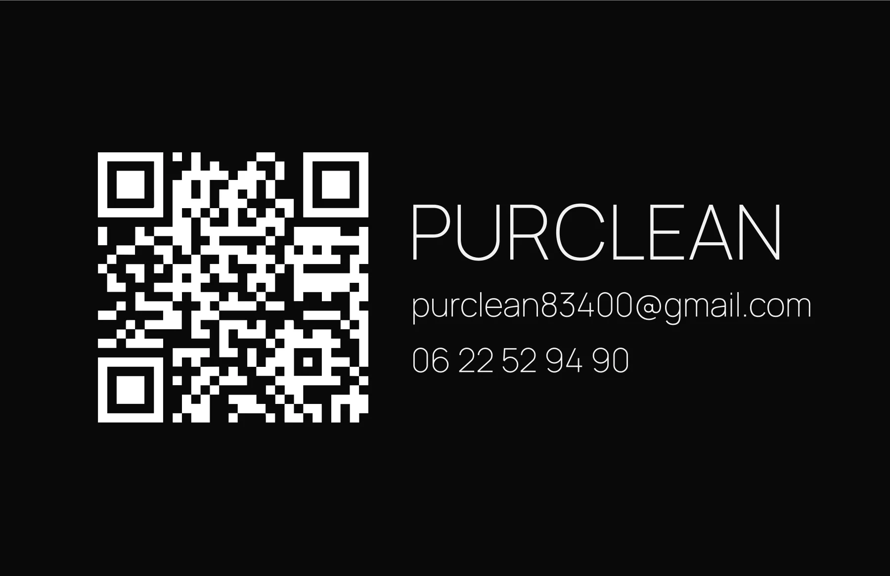 Verso de la carte de visite Purclean : un QR code, le nom et les coordonnées, en blanc sur noir